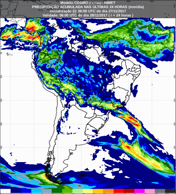 Mapa com a previsão de precipitação acumulada para até 72 horas (25/11 a 27/11) para todo o Brasil - Fonte: Inmet