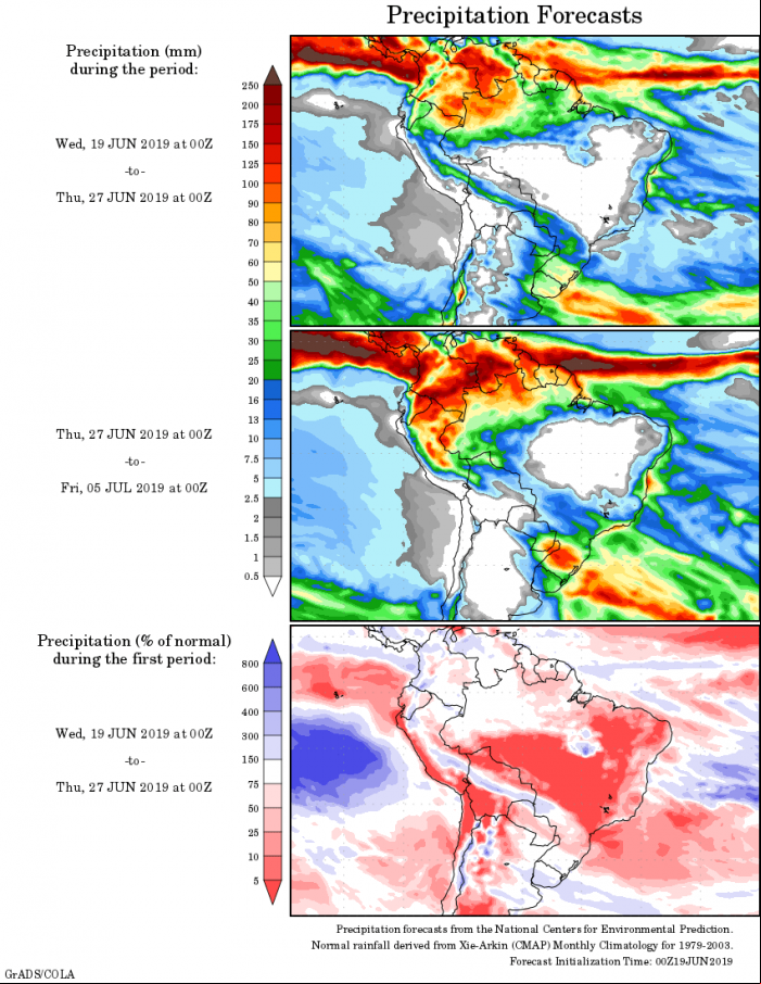 Mapa com a tendência de precipitação acumulada para o período de 19 até 05 de julho - Fonte: National Centers for Environmental Prediction/NOAA
